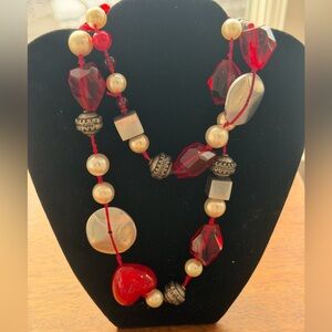 Italian Venetian glass, red heart, silver white beads chunky statement necklace